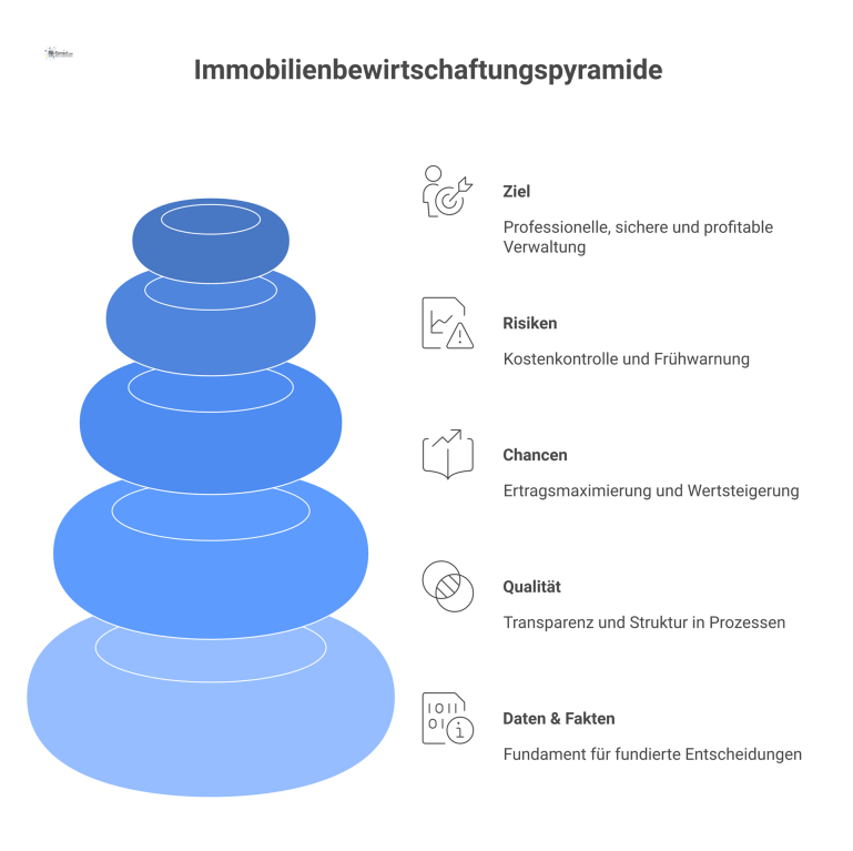 Bewirtschaftungskonzept für Immobilien Infografik zum Bewirtschaftungskonzept für Immobilien. Es zeigt ein Fundament aus Daten und die drei Säulen Qualität, Chancen und Risiken.