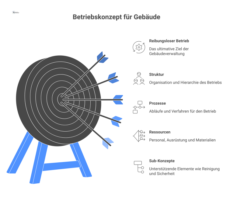 Betriebskonzept für Gebäude Diagramm eines Betriebskonzepts für Gebäude mit den Pfeilern Struktur, Prozesse und Ressourcen sowie den Sub-Konzepten Reinigung, Sicherheit und Technik