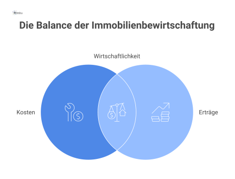 Infografik, die das Bewirtschaftungskonzept für Immobilien darstellt. Es werden aufwandsorientierte Kosten den ertragsorientierten Mieteinnahmen für eine optimale Rendite gegenübergestellt. 