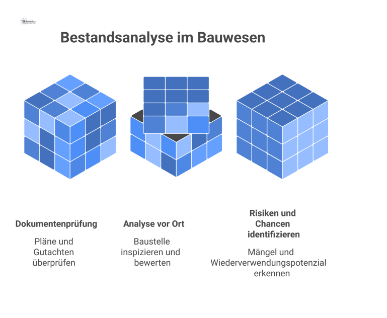 Prozessdiagramm zur Bestandsanalyse im Bauwesen Prozessdiagramm, das die Umwandlung ungeordneter Bestandsdokumente in eine saubere Planungsgrundlage durch Analyse, inklusive Icons für Risiken und Chancen, darstellt.