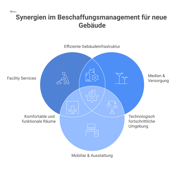 Beschaffungsmanagement für ein neues Gebäude Infografik, die drei parallele Prozessströme des Beschaffungsmanagements für ein Gebäude zeigt: Facility Services, Medien und Mobiliar.