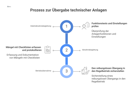 Flussdiagramm des 3-Phasen-Prozesses zur Übergabe technischer Anlagen mit den Schritten Inbetriebnahmebegleitung, Abnahmebegleitung und der finalen Betriebsübernahme. 