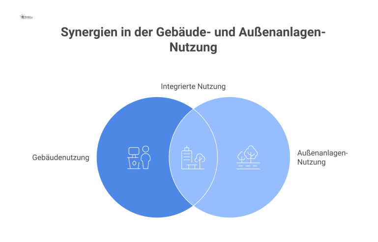 Nutzungskonzept für Gebäude und Außenanlagen Eine Infografik, die ein Nutzungskonzept mit den Hauptbereichen Gebäude und Außenanlagen zeigt und Details wie Funktion und Kapazität auflistet.